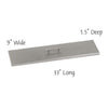 American Fire Products linear burner cover crafted from stainless steel, featuring a brushed finish and integrated handle—measuring 33" long, 9" wide, and 1.5" deep—perfectly sized to protect a 30x6 linear fire pit pan while adding a modern, polished touch.