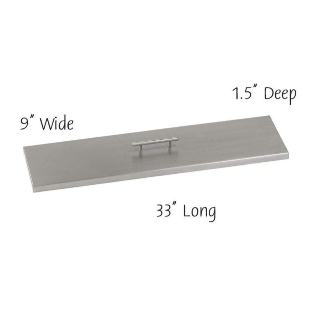 American Fire Products linear burner cover crafted from stainless steel, featuring a brushed finish and integrated handle—measuring 33" long, 9" wide, and 1.5" deep—perfectly sized to protect a 30x6 linear fire pit pan while adding a modern, polished touch.