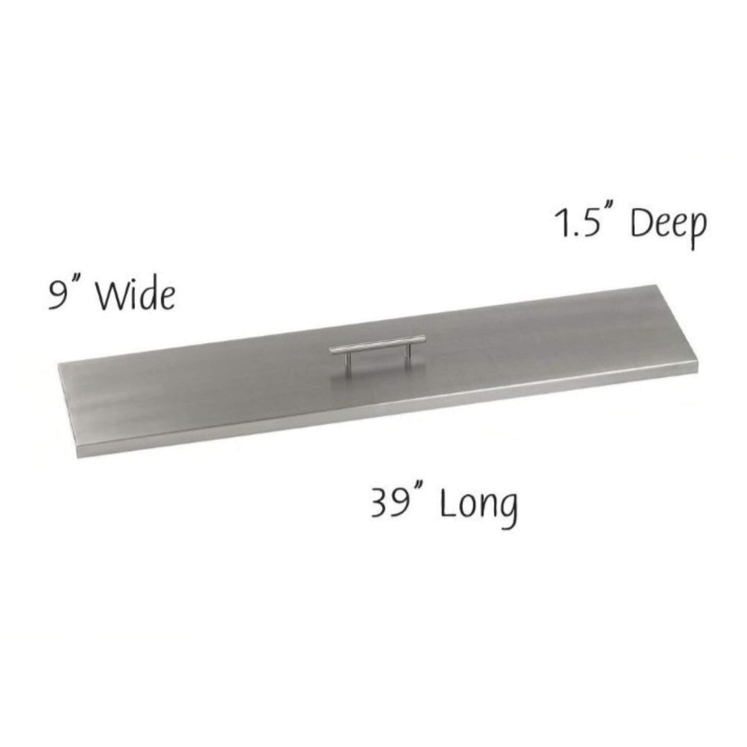 American Fire Products linear burner cover in brushed stainless steel, sized at 39" long, 9" wide, and 1.5" deep—crafted to fit a 36x6 fire pit pan, offering sleek protection with modern, weather-resistant durability.
