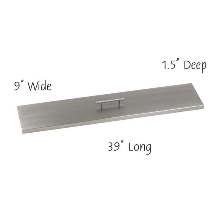 American Fire Products linear burner cover in brushed stainless steel, sized at 39" long, 9" wide, and 1.5" deep—crafted to fit a 36x6 fire pit pan, offering sleek protection with modern, weather-resistant durability.