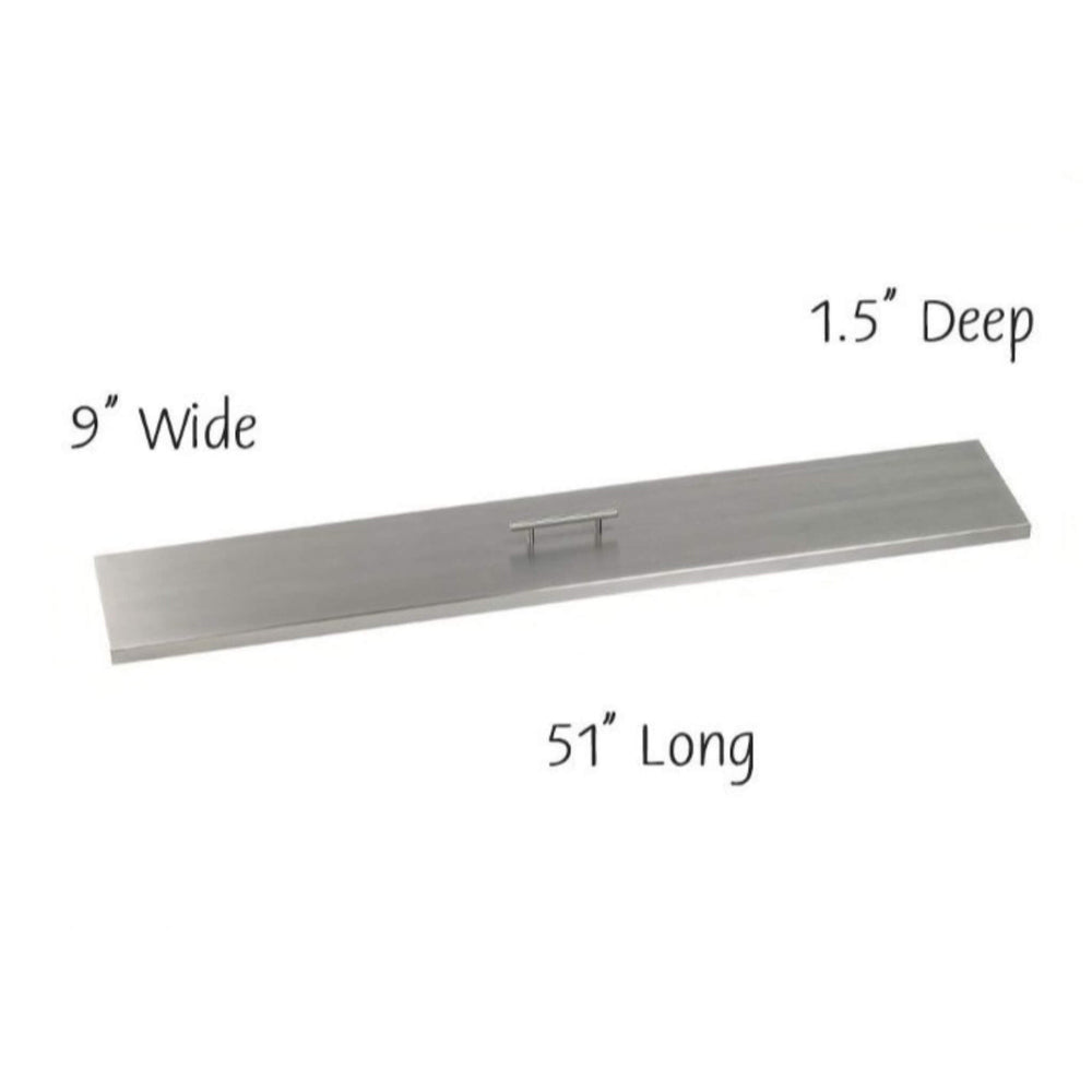 American Fire Products stainless steel linear burner cover, 51" long by 9" wide and 1.5" deep—perfectly sized for 48x6 fire pit pans, offering a sleek, modern finish and built-in handle for clean protection and easy handling.