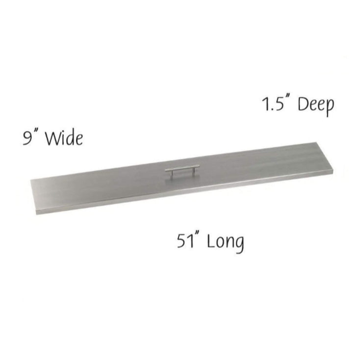 American Fire Products stainless steel linear burner cover, 51" long by 9" wide and 1.5" deep—perfectly sized for 48x6 fire pit pans, offering a sleek, modern finish and built-in handle for clean protection and easy handling.
