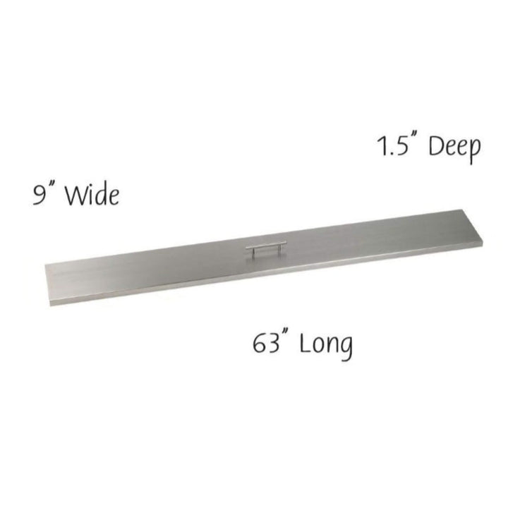 American Fire Products 60x6 linear burner cover in sleek stainless steel, measuring 63" long by 9" wide and 1.5" deep—perfect for protecting linear fire pit burners while adding a clean, modern finish with a centered handle for easy removal.