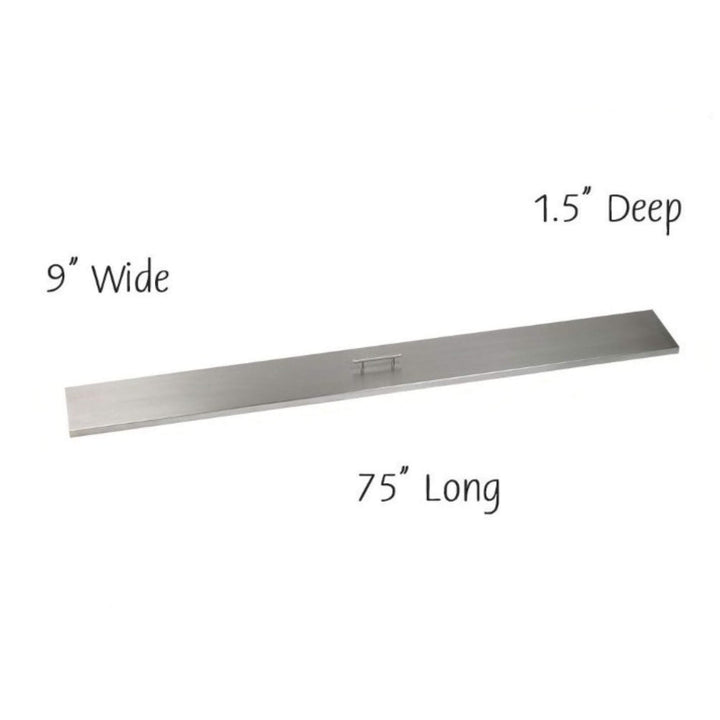 American Fire Products 72x6 linear burner cover crafted from sleek stainless steel, featuring a brushed finish, center handle, and clean profile—measuring 75" long, 9" wide, and 1.5" deep—perfect for modern fire pit protection and style.