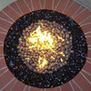 Top-down view of a round fire pit filled with American Fire Products Small Gray Lava Stones and black fire glass, showcasing golden flames surrounded by a warm terracotta-style brick trim—perfect for cozy outdoor settings.