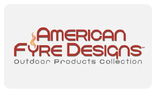 The American Fyre Designs logo featuring the brand name in red with a stylized flame icon, representing their premium fire pit products.