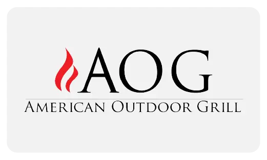 The American Outdoor Grill logo featuring the brand name in red with a stylized flame icon, representing their premium BBQ and grill products.