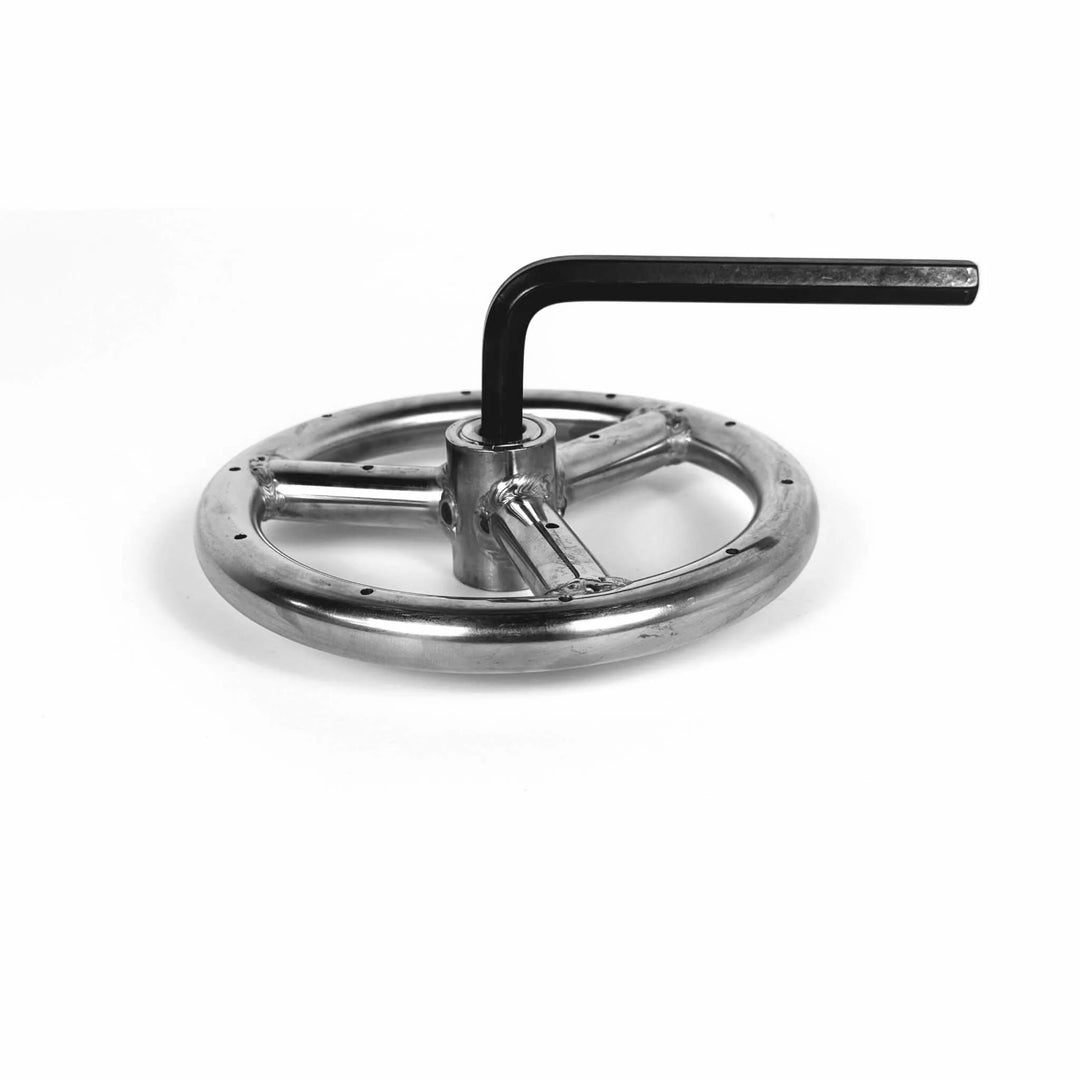 Side view of the Athena Fire Glass 6-Inch Fire Ring Burner with placement tool visible beside the burner, demonstrating setup alignment for professional or DIY fire pit applications.