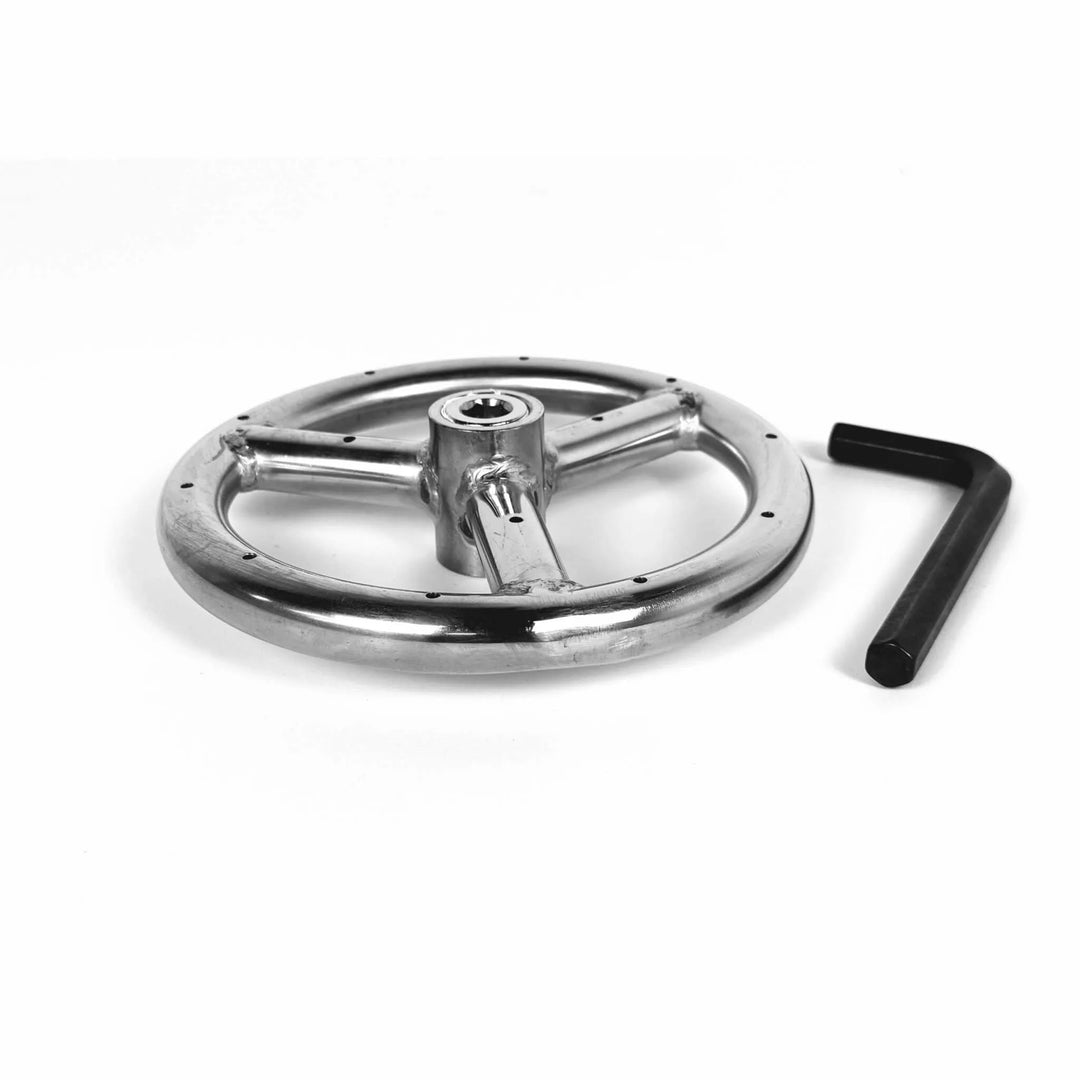 Athena Fire Glass 6-Inch Fire Ring Burner shown with an included tool for easy installation and maintenance, ideal for homeowners or builders customizing outdoor gas fire features.
