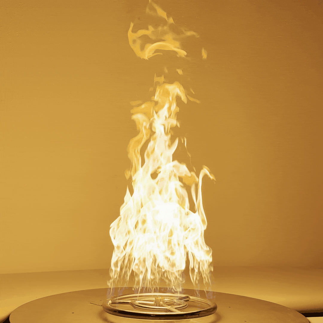 Animated image showing the Athena Fire Glass 12-Inch Fire Ring Burner producing a powerful column of flames with 285,000 BTUs, demonstrating its high heat output and even flame distribution for large outdoor gas fire pits.