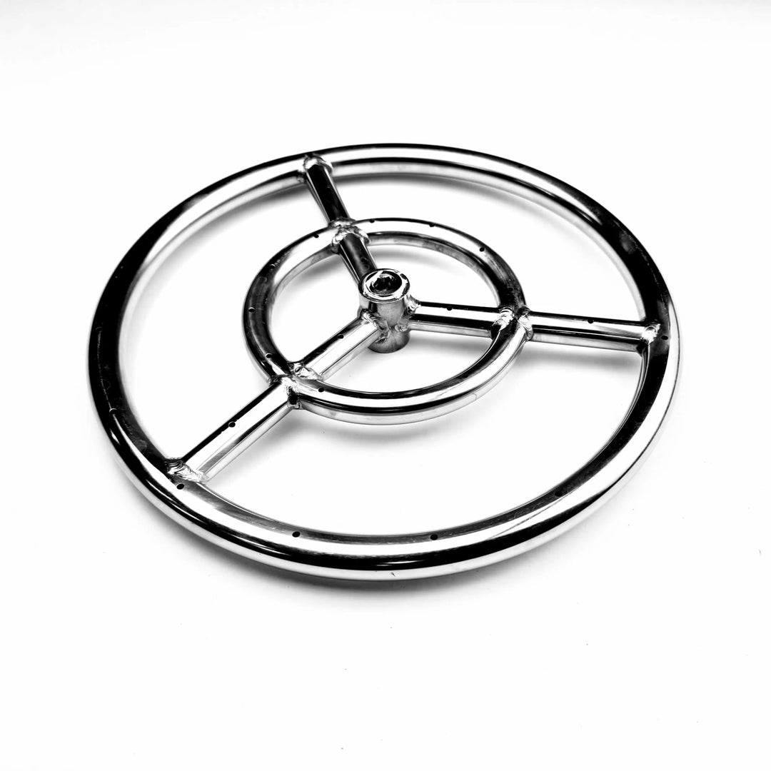 Angled view of the Athena Fire Glass 12-Inch Fire Ring Burner, highlighting its precision-welded stainless steel tubing and circular double-ring design for optimal gas flow and consistent flame output.