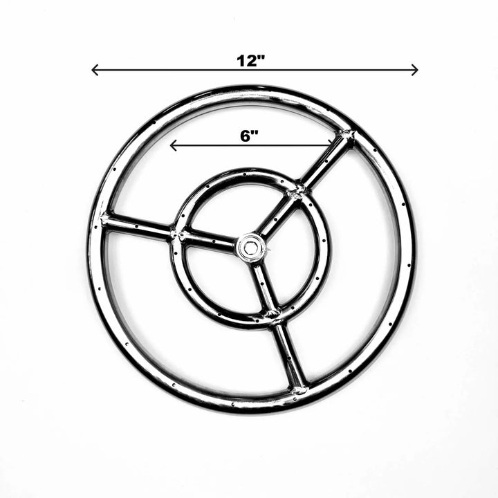 Dimensional reference image for the Athena Fire Glass 12-Inch Fire Ring Burner, showing accurate measurements for diameter and layout, ideal for planning custom fire pit builds or replacements.
