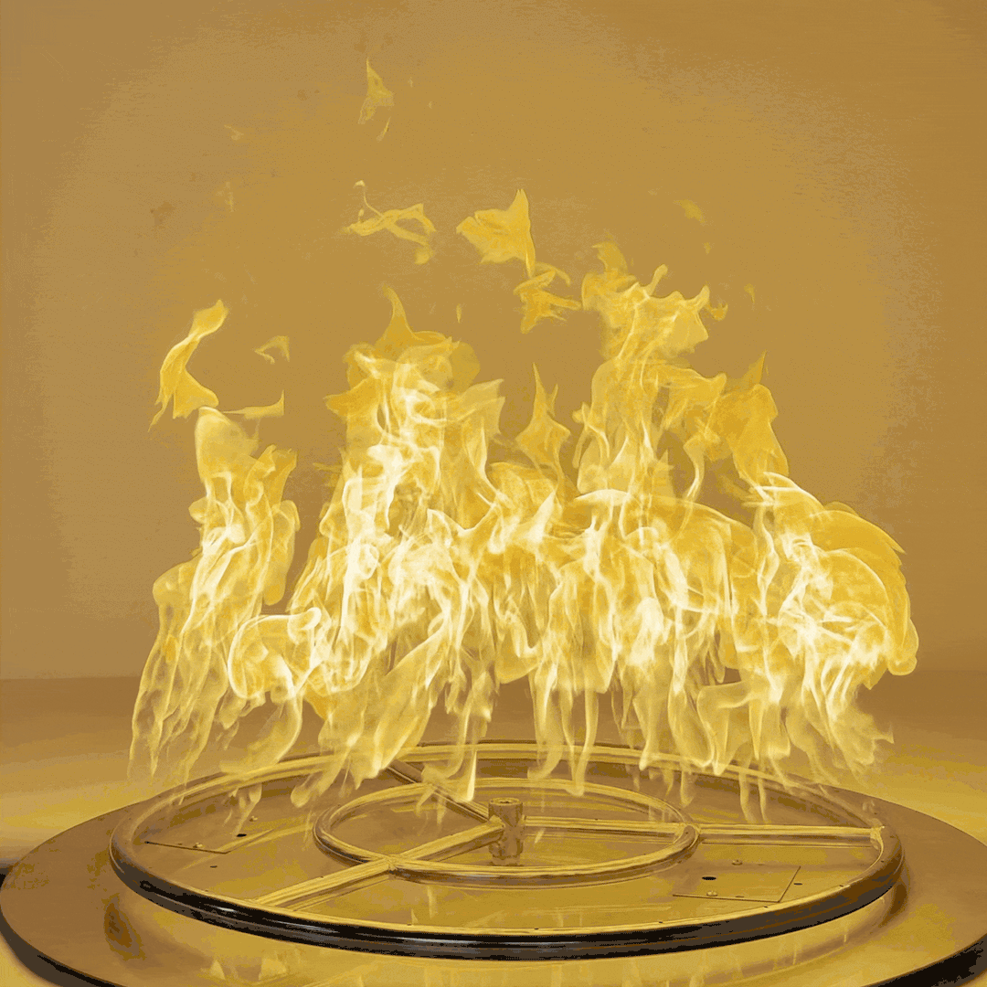 Animated flame demonstration of the Athena Fire Glass 24-Inch Fire Ring Burner producing up to 515,000 BTUs, showcasing strong, even, and beautifully layered flames.