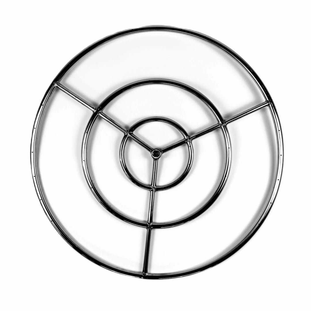 Top-down image of the Athena Fire Glass 30-Inch Fire Ring Burner illustrating its triple-ring configuration and welded center hub for powerful, consistent flame patterns.
