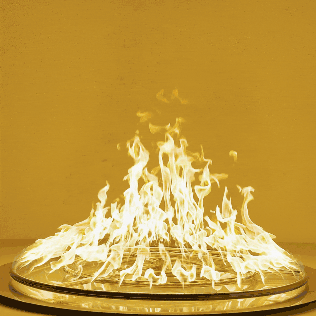 Animated GIF showing the Athena Fire Glass 36-Inch Fire Ring Burner in action, producing tall, bright, and evenly distributed flames. Demonstrates the powerful 525,000 BTU output and full 360° flame coverage ideal for large outdoor fire pits.