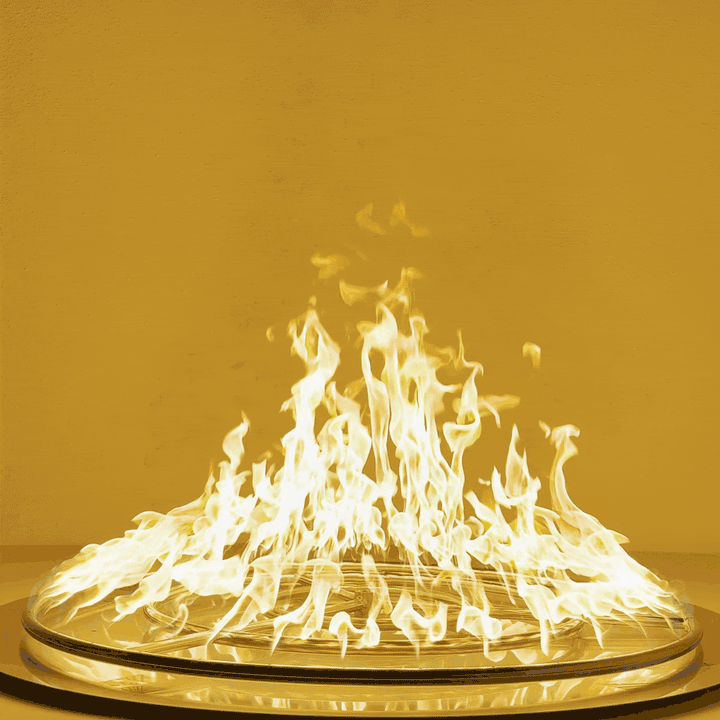 Animated GIF showing the Athena Fire Glass 36-Inch Fire Ring Burner in action, producing tall, bright, and evenly distributed flames. Demonstrates the powerful 525,000 BTU output and full 360° flame coverage ideal for large outdoor fire pits.