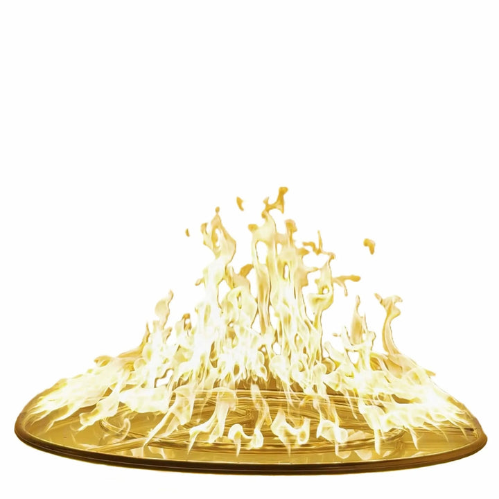 Clean studio image of the Athena Fire Glass 36-Inch Fire Ring Burner with intense yellow flames over a white background, highlighting the ring’s precise flame distribution and sleek stainless steel design.