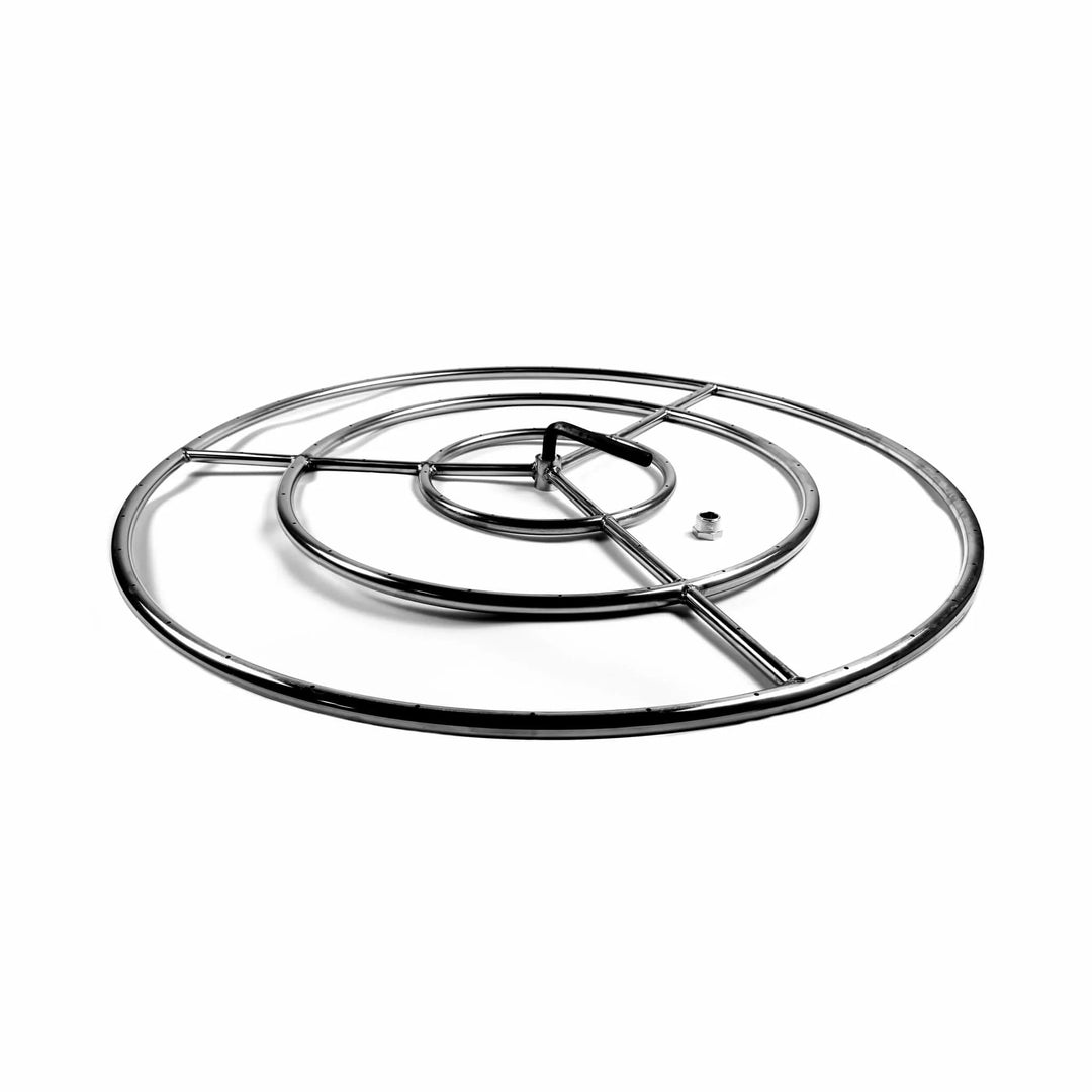Detailed angled image of the Athena Fire Glass 36-Inch Fire Ring Burner, showing exact placement of the hex key tool and reducer fitting for assembly reference and convenience.