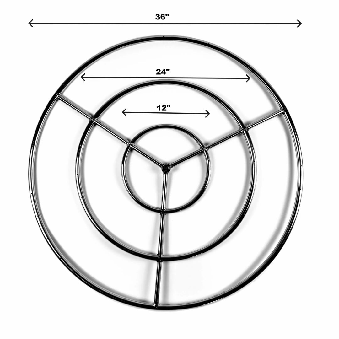 Overhead image of the Athena Fire Glass 36-Inch Fire Ring Burner with labeled measurements, 12", 24", and 36" diameters, illustrating the size and structure of the multi-ring design for accurate installation planning.