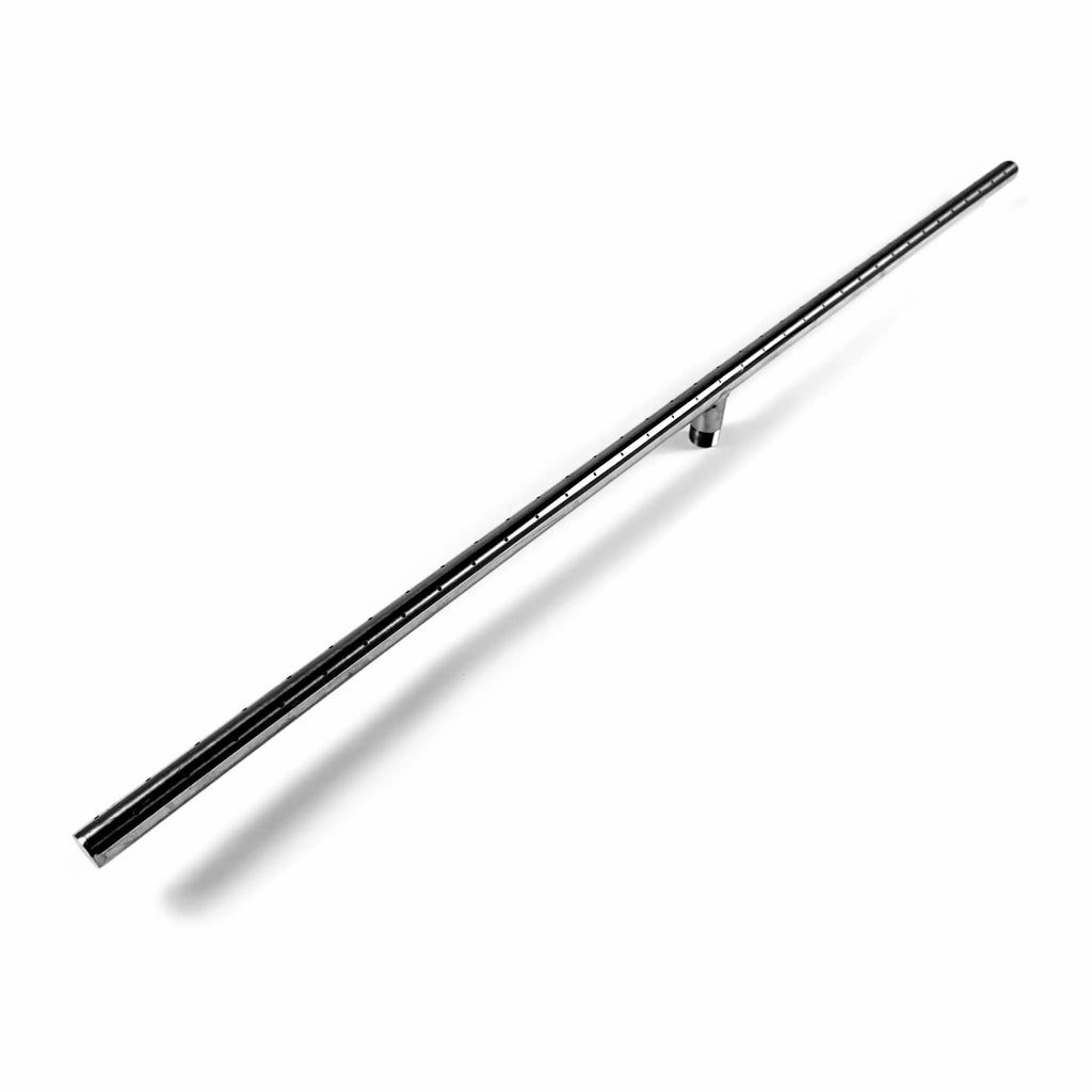 Angled product view of the Athena Fire Glass 36-Inch Stainless Steel Linear T-Burner, showing precision-cut flame ports and T-connection for balanced gas flow.