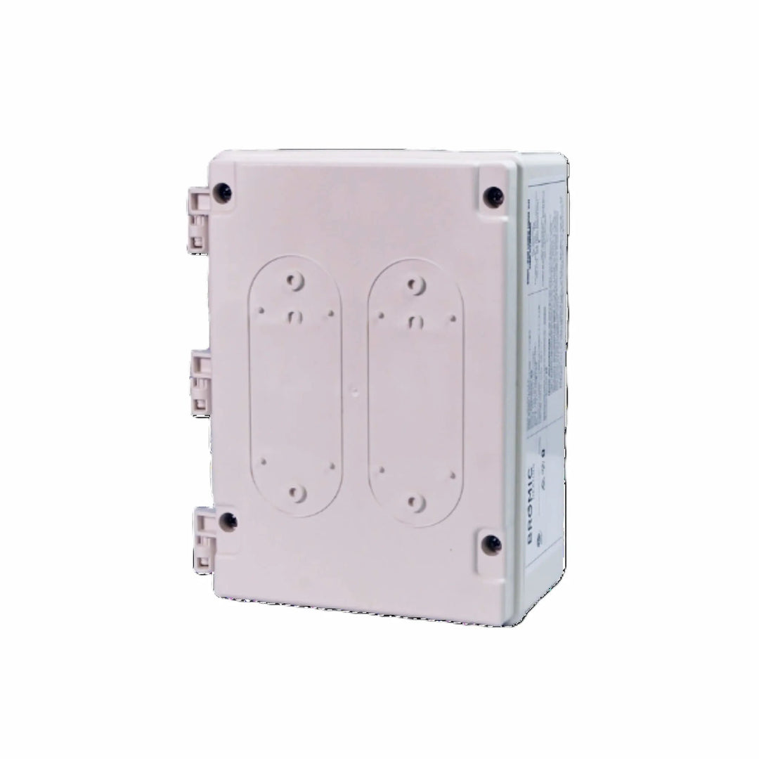 Angled front view of the Bromic Heating Smart-Heat On/Off 1-Channel and 2-Channel Control Module, showing its compact, weather-resistant enclosure for outdoor use.