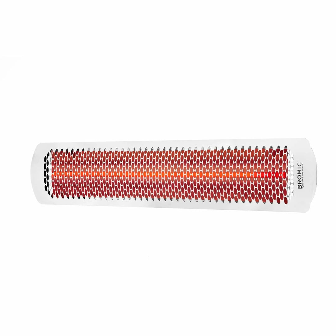 Angled view of the Bromic Heating Tungsten Smart-Heat Electric Heater in White, showcasing its modern slim profile and glowing quartz elements designed for efficient radiant warmth in outdoor living spaces.