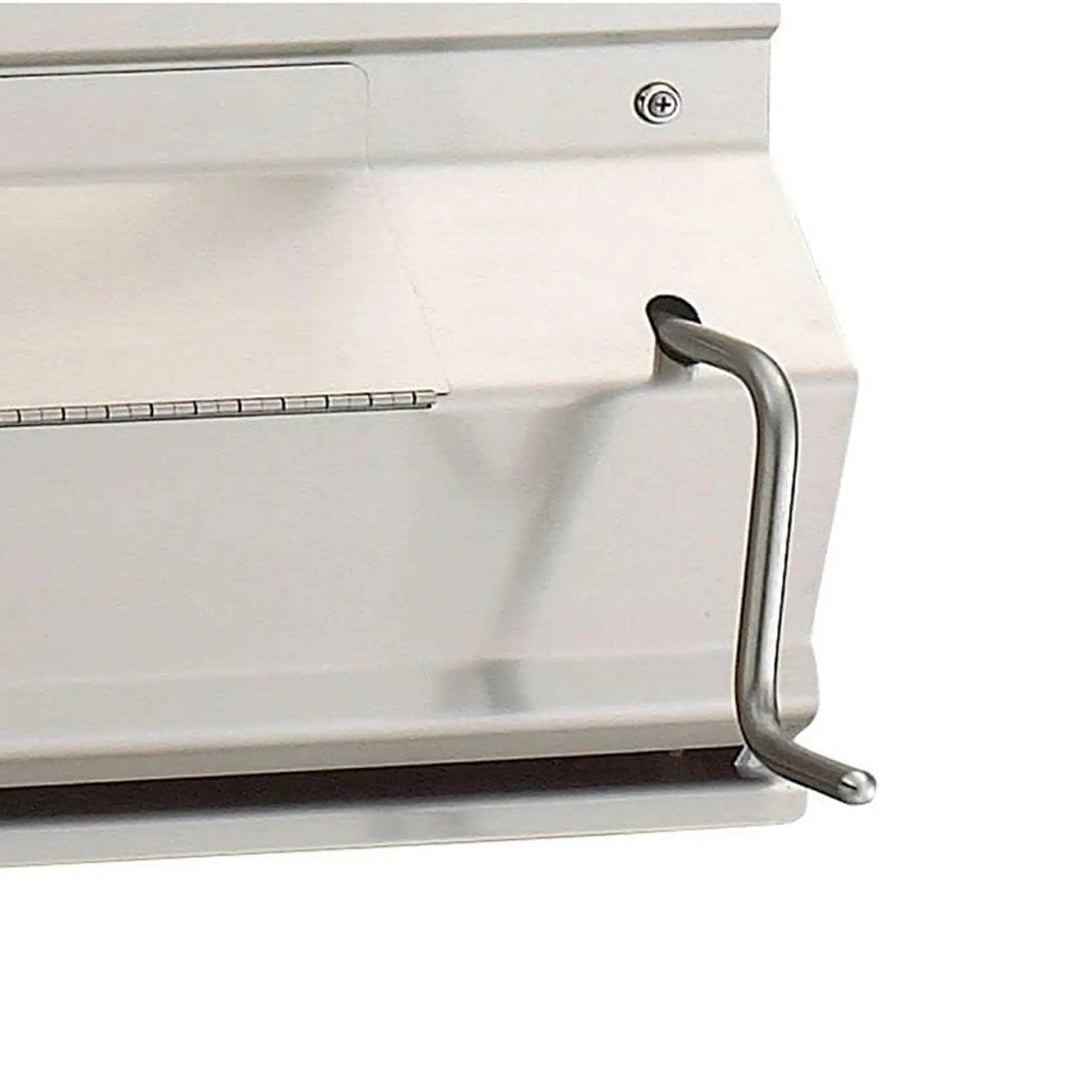 A closeup of the front grill area lift handle for the Fire Magic Charcoal In-Ground Post Mount Grill