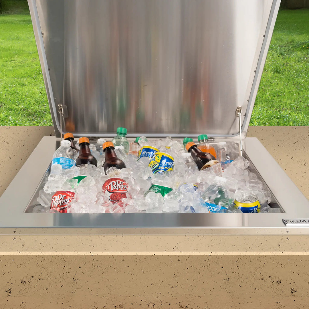 Fire Magic Drop-In Refreshment Center is installed into a counter top space outdoors on a customer's patio