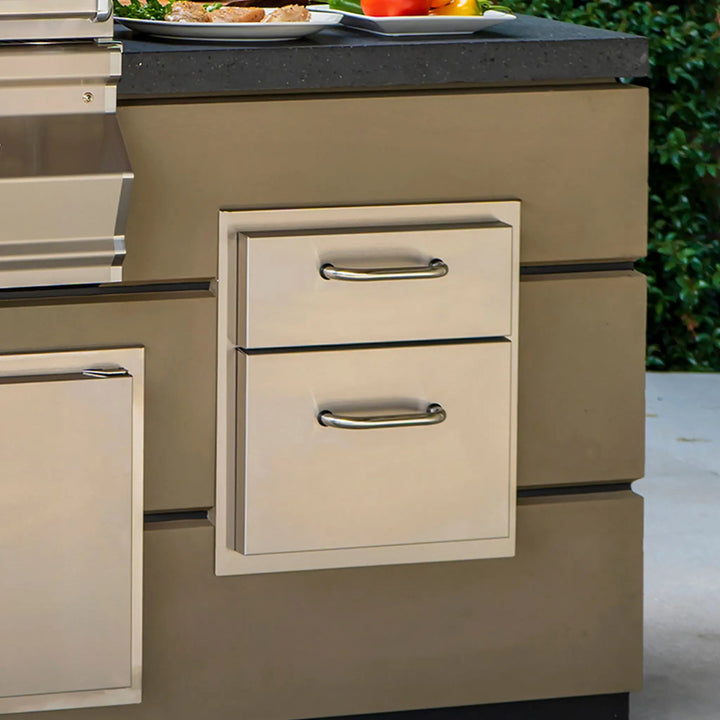 Fire Magic Select Double Drawer installed into an outdoor kitchen setup closeup