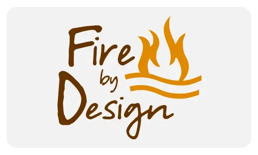 The Fire by Design logo featuring the brand name in orange and brown with a stylized flame icon, representing their handcrafted fire pit products.