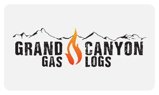 The Grand Canyon Gas Logs logo featuring the brand name in orange and black with a stylized flame icon with a mountain backdrop, representing their premium fireplace and gas log products.