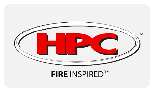 The Hearth Products Controls logo featuring the brand name in red and gray with a ring icon around the text, representing their premium fire pit rings and ignition system products.