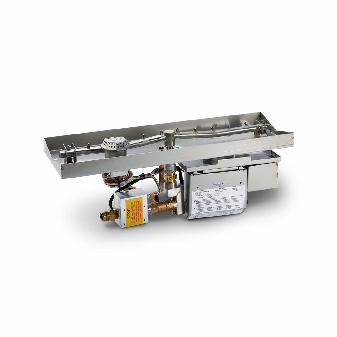 HPC Fire Inspired Linear Interlink Torpedo T-Burner with On/Off electronic ignition, featuring premium 304 stainless steel, precision gas fittings, and professional-grade ignition components.