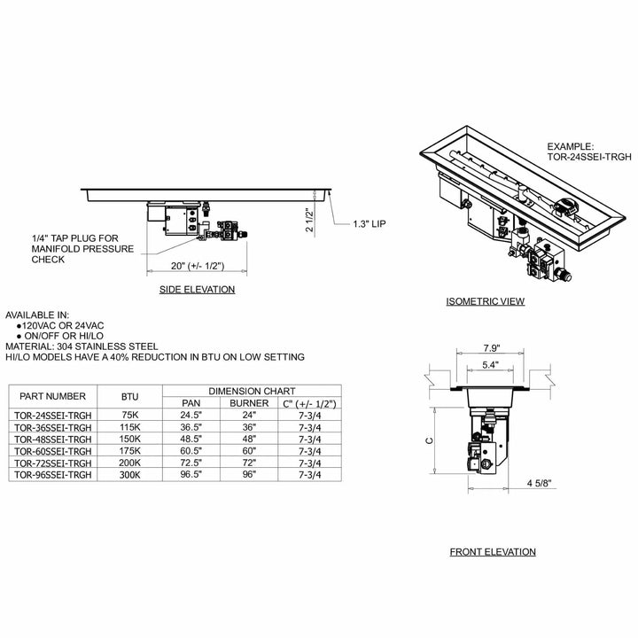 Engineering specification sheet for the HPC Fire Inspired Linear Trough Drop-In Torpedo T-Burner, outlining measurements, BTU range, and available ignition options for outdoor gas fire features.