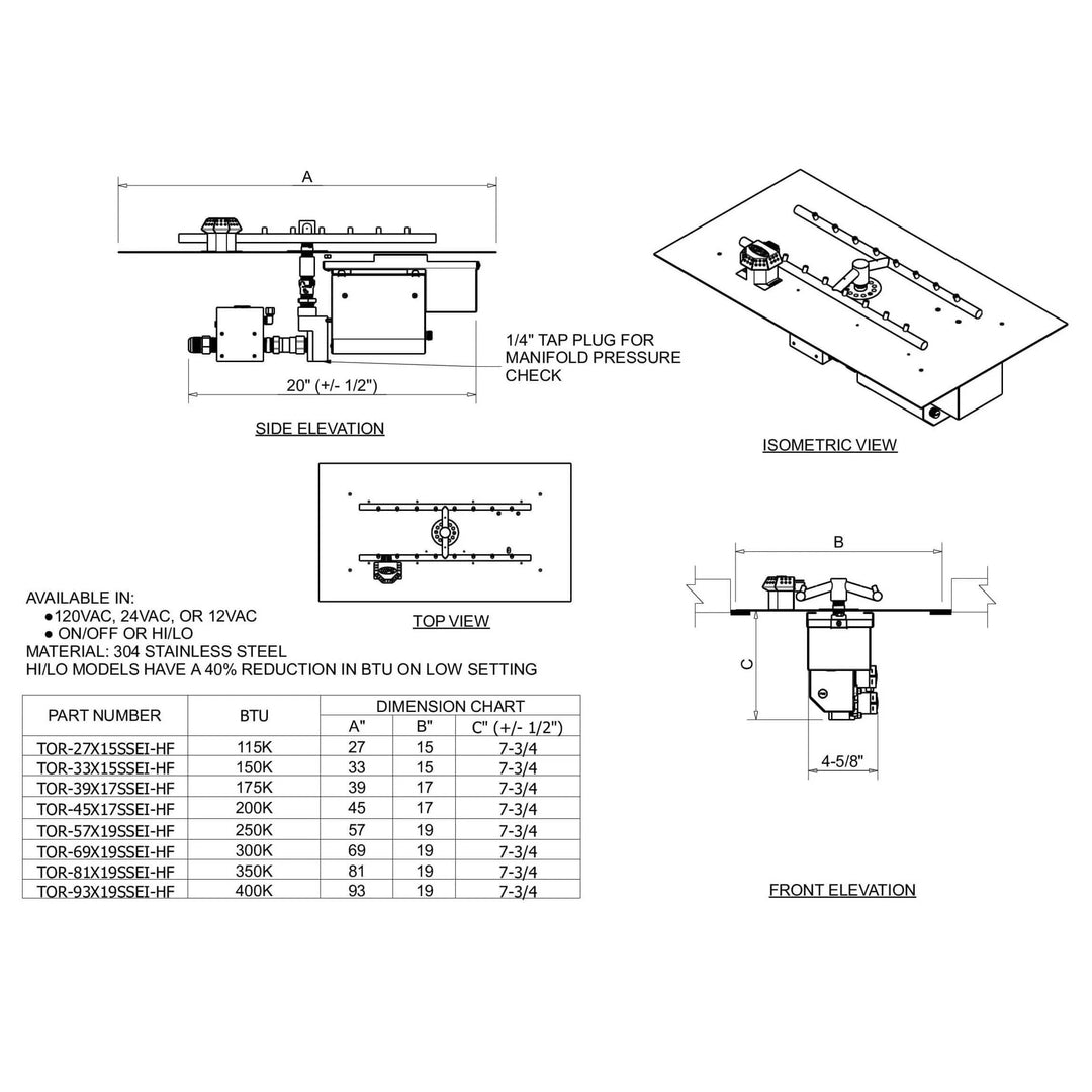 Technical specification sheet for the HPC Fire Inspired rectangular flat torpedo H-style burner, detailing BTU output, dimensions, and electrical options for certified on/off or Hi/Lo models.