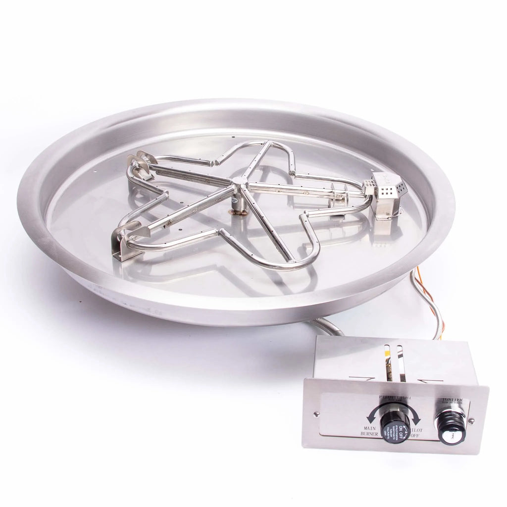 Round stainless steel drop-in fire pit pan featuring an HPC Penta burner with integrated push-button ignition and flame-sensing technology. Designed for easy installation and reliable performance in outdoor gas fire pits.