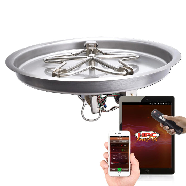 HPC Fire certified round drop-in penta burner with electronic ignition, featuring smart flame control via handheld remote, mobile app, and tablet / perfect for high-end fire pit installations requiring advanced Hi-Lo control and wireless convenience.