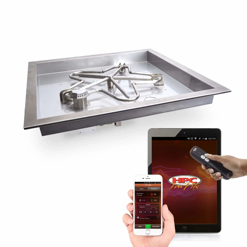 HPC Fire square drop-in burner system with stainless steel Penta burner design shown alongside remote control, smartphone, and tablet / highlighting its smart Hi/Lo electronic ignition technology. Compatible with the HPC Fire app and remote for effortless flame height adjustment and operation, this burner brings modern convenience and high-performance fire to custom outdoor features.