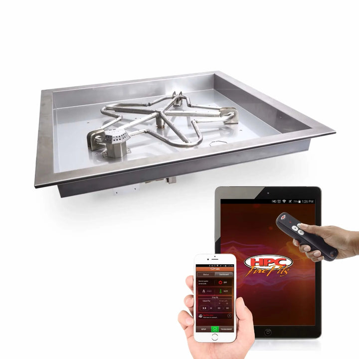 HPC Fire square drop-in burner system with stainless steel Penta burner design shown alongside remote control, smartphone, and tablet / highlighting its smart Hi/Lo electronic ignition technology. Compatible with the HPC Fire app and remote for effortless flame height adjustment and operation, this burner brings modern convenience and high-performance fire to custom outdoor features.