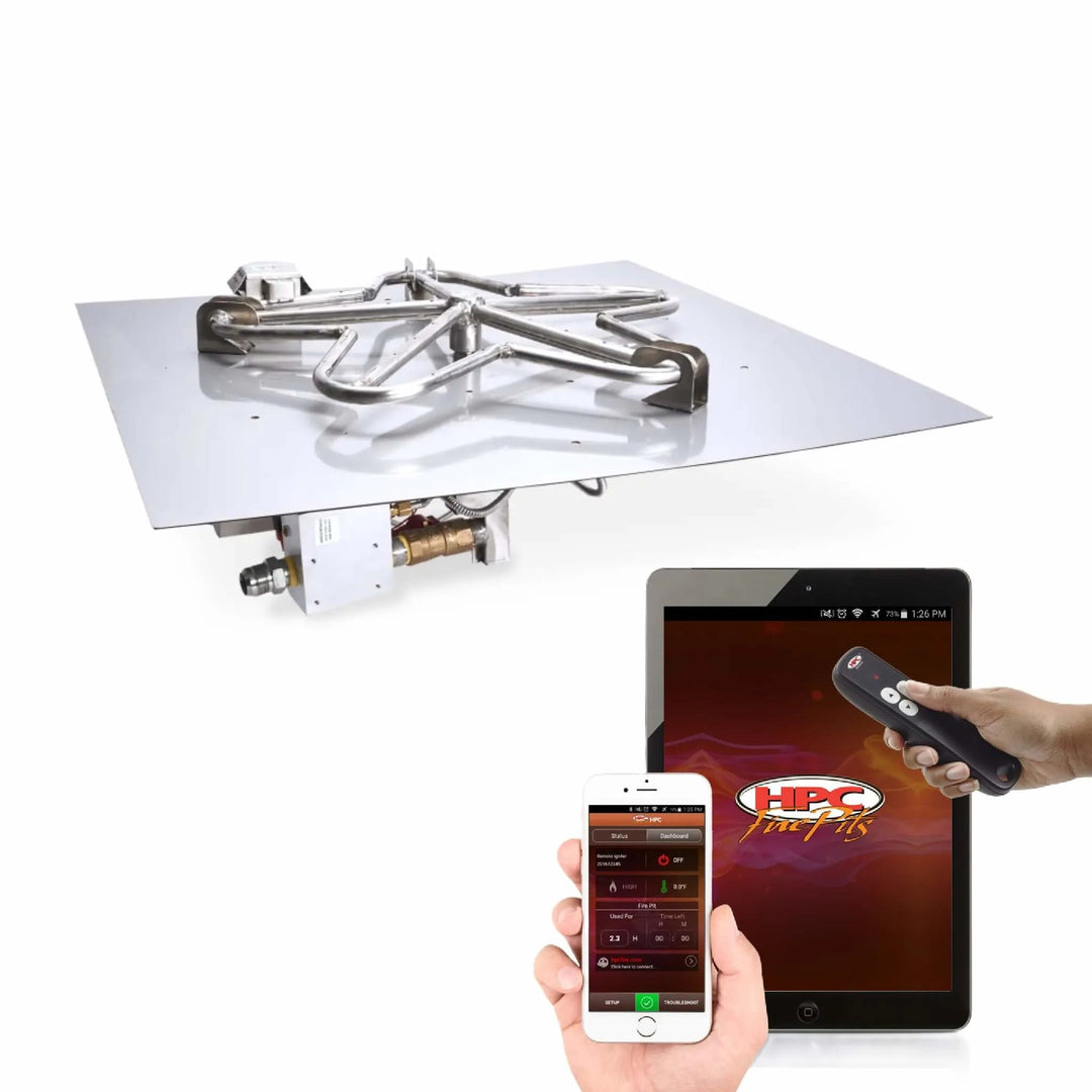 HPC Fire square flat pan burner with certified Hi/Lo electronic ignition system, featuring a 304 stainless steel Penta burner and smart control compatibility via remote, smartphone app, or tablet integration.