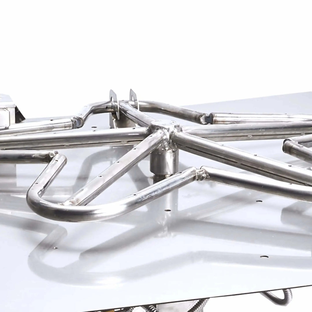Close-up view of the precision-welded Penta-shaped stainless steel burner by HPC Fire, showcasing the clean craftsmanship and flame port details that provide a tall, natural-looking flame pattern.