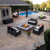 Cozy outdoor lounge setup featuring a lit square fire pit surrounded by wicker furniture and poolside elegance, showcasing the welcoming glow of an HPC square flat burner for family gatherings.
