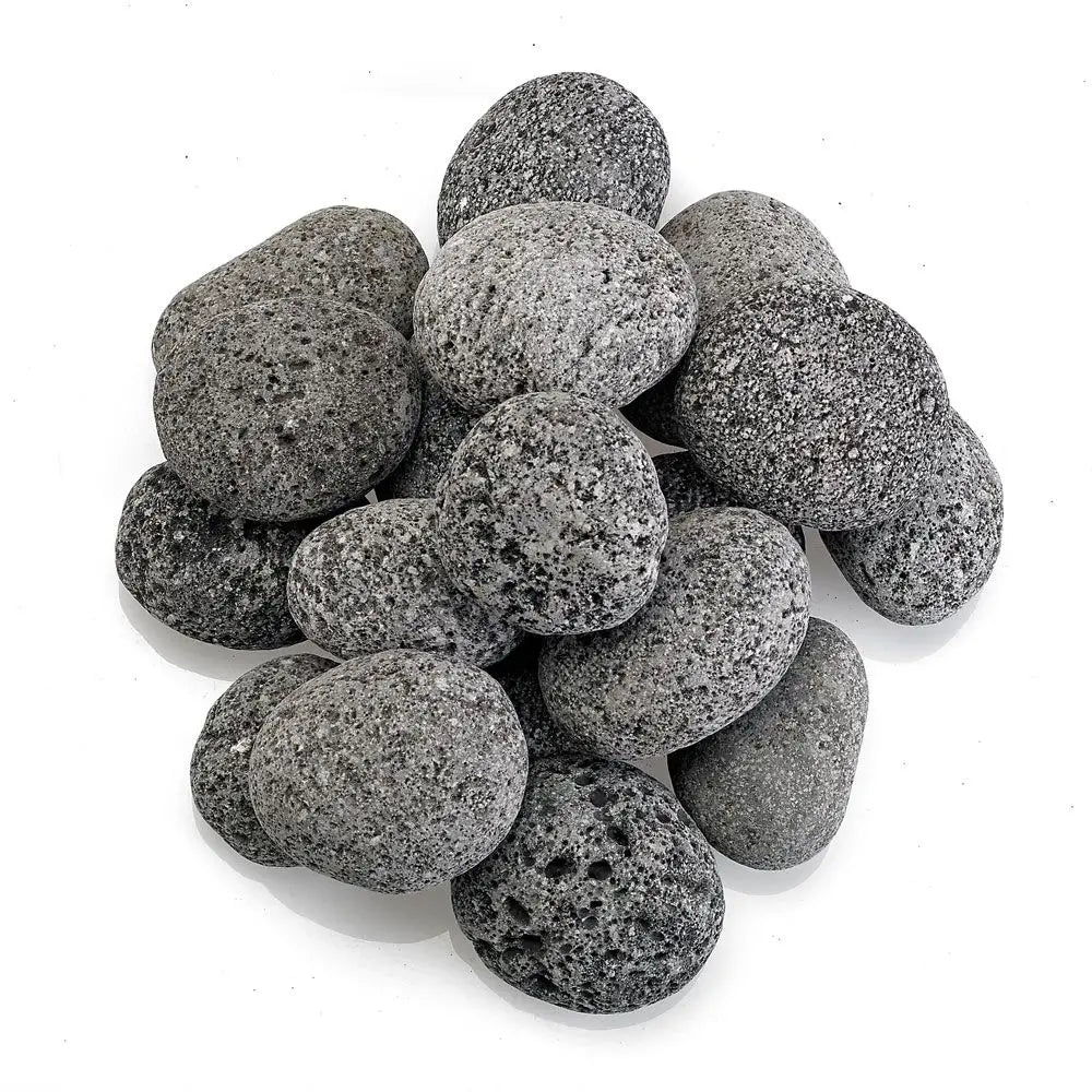 Medium-sized natural lava stones with textured, porous surfaces in varying shades of gray and black, ideal for enhancing fire pits, fireplaces, or decorative landscaping with a modern, organic touch