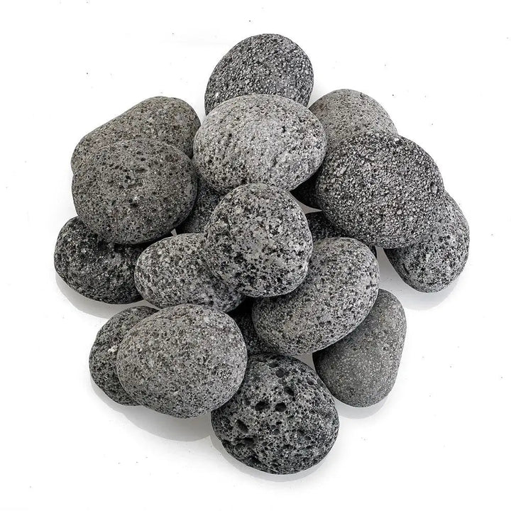 Medium-sized natural lava stones with textured, porous surfaces in varying shades of gray and black, ideal for enhancing fire pits, fireplaces, or decorative landscaping with a modern, organic touch