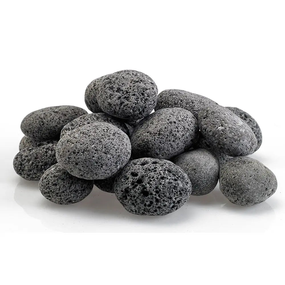 Medium-sized gray lava stones with natural porous texture, shown in a clean pile—ideal for use in fire pits and fireplaces to enhance airflow, flame visibility, and modern design appeal.
