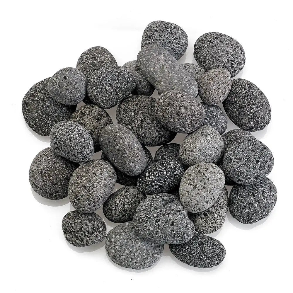 Small-sized natural lava stones in a mix of dark gray and black tones, featuring a porous, textured surface—perfect for use in gas fire pits, fireplaces, or as stylish decorative accents in outdoor living spaces.