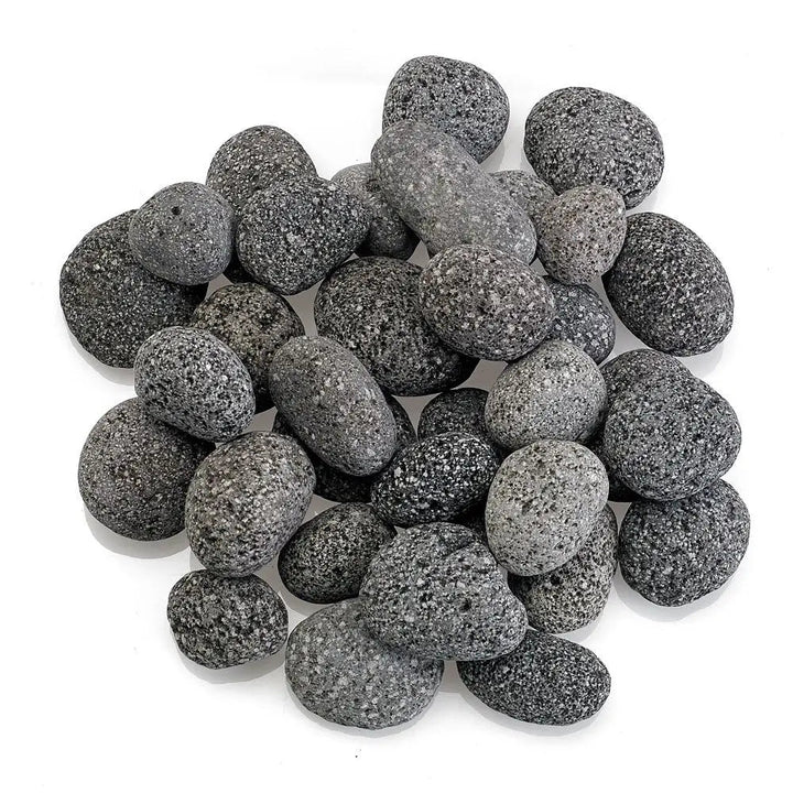 Small-sized natural lava stones in a mix of dark gray and black tones, featuring a porous, textured surface—perfect for use in gas fire pits, fireplaces, or as stylish decorative accents in outdoor living spaces.