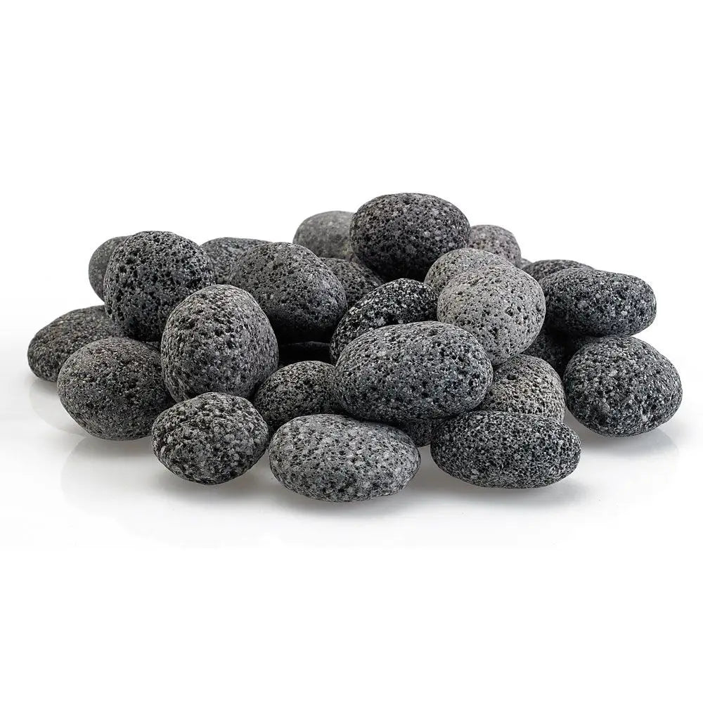 Small gray lava stones with natural volcanic texture, perfect for fire pits and fireplaces—enhancing airflow and flame performance while offering a clean, low-maintenance look.