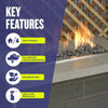 Graphic highlighting the key features of American Fire Products gray lava stones—shown in use over a linear fire burner with flames—indoor/outdoor rated, heat-resistant, naturally formed, and low-maintenance.