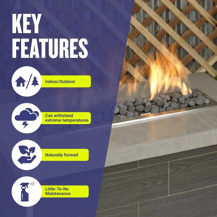 Graphic highlighting the key features of American Fire Products gray lava stones—shown in use over a linear fire burner with flames—indoor/outdoor rated, heat-resistant, naturally formed, and low-maintenance.